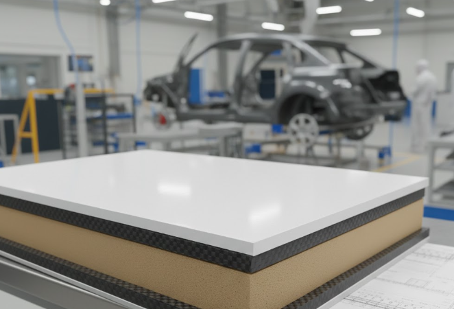 Close-up of a lightweight composite foam core panel being inspected in a vehicle manufacturing setting.