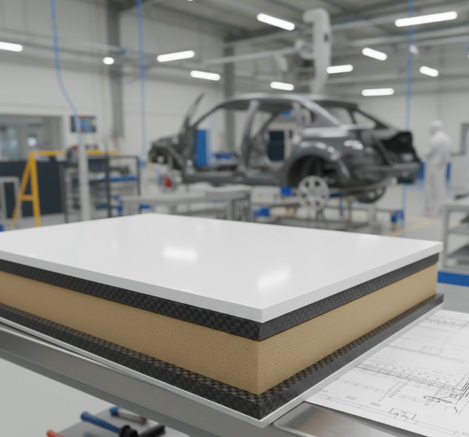 Close-up of a lightweight composite foam core panel being inspected in a vehicle manufacturing setting.