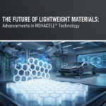 Futuristic image of a scientist holding a glowing, translucent block of ROHACELL foam core in a modern research laboratory.