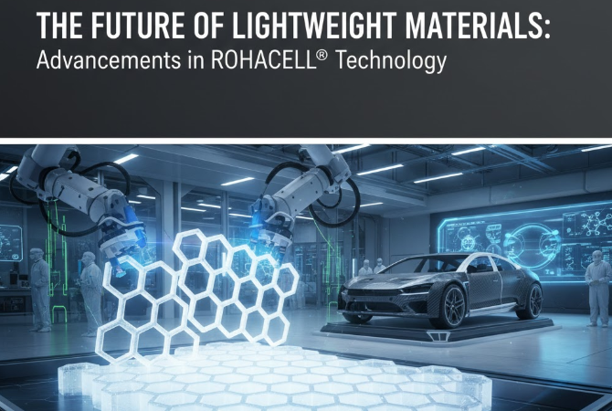 Futuristic image of a scientist holding a glowing, translucent block of ROHACELL foam core in a modern research laboratory.