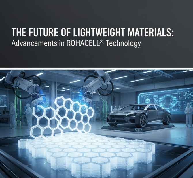 Futuristic image of a scientist holding a glowing, translucent block of ROHACELL foam core in a modern research laboratory.