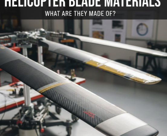 A close-up view of a modern helicopter rotor blade, showing the carbon fiber composite weave and a cross-section of its advanced structure.