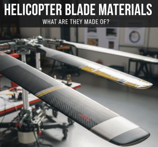 A close-up view of a modern helicopter rotor blade, showing the carbon fiber composite weave and a cross-section of its advanced structure.