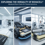 A mosaic or montage image showing applications of ROHACELL foam in aerospace, automotive racing, and medical devices.