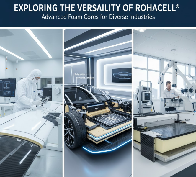 A mosaic or montage image showing applications of ROHACELL foam in aerospace, automotive racing, and medical devices.