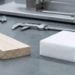 A workbench displaying aluminum honeycomb, wood, and foam core samples side-by-side with measuring calipers.