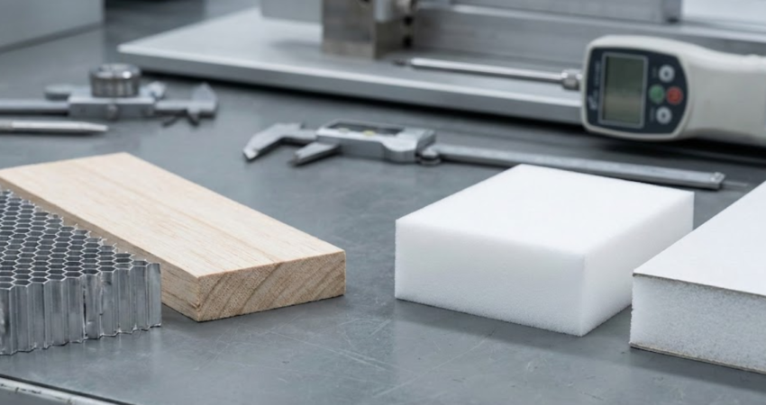 A workbench displaying aluminum honeycomb, wood, and foam core samples side-by-side with measuring calipers.