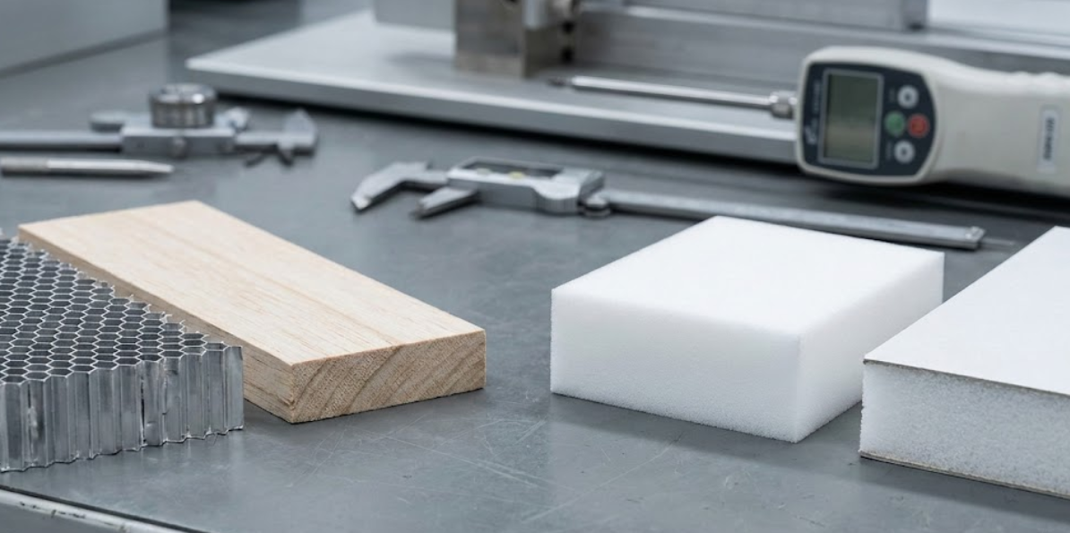 A workbench displaying aluminum honeycomb, wood, and foam core samples side-by-side with measuring calipers.