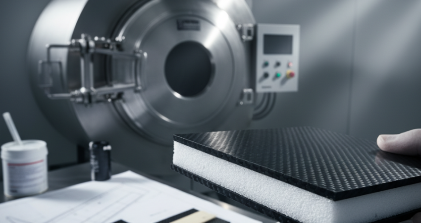 A hand in a lab holds a sandwich composite structure made with carbon fiber and a white ROHACELL® core, with technical drawings and lab equipment in the background.