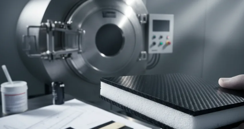 A hand in a lab holds a sandwich composite structure made with carbon fiber and a white ROHACELL® core, with technical drawings and lab equipment in the background.
