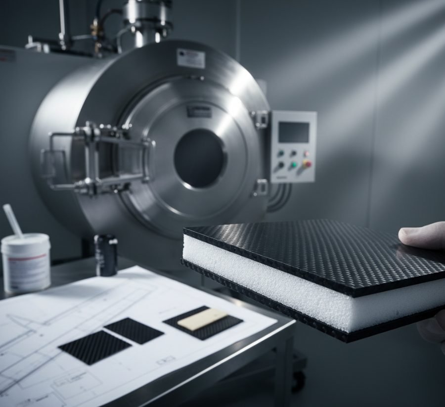A hand in a lab holds a sandwich composite structure made with carbon fiber and a white ROHACELL® core, with technical drawings and lab equipment in the background.