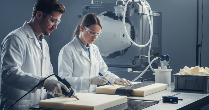 Two engineers in a lab work on composite materials with ROHACELL® foam, using tools like heat guns and wearing safety glasses, with machinery in the background.