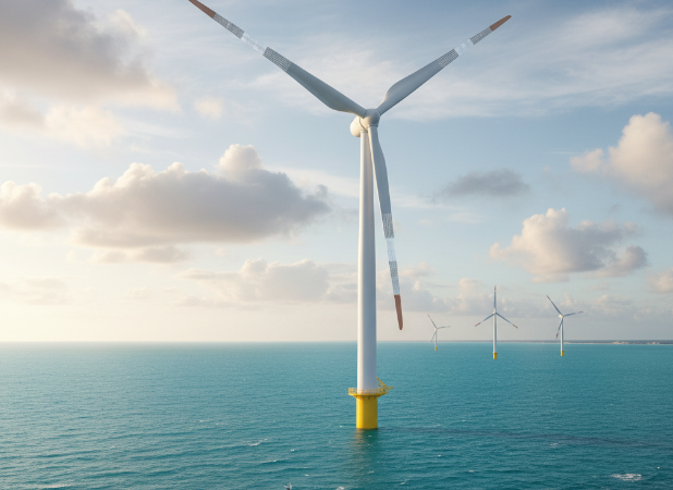 A sleek white yacht sails past large offshore wind turbines under a partly cloudy sky, illustrating marine and renewable energy applications.