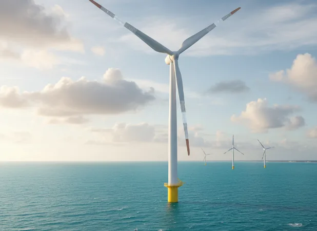 A sleek white yacht sails past large offshore wind turbines under a partly cloudy sky, illustrating marine and renewable energy applications.