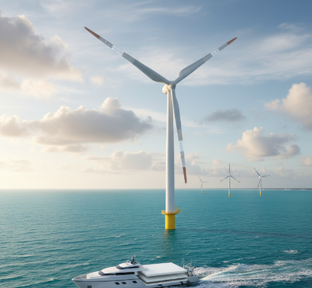 A sleek white yacht sails past large offshore wind turbines under a partly cloudy sky, illustrating marine and renewable energy applications.