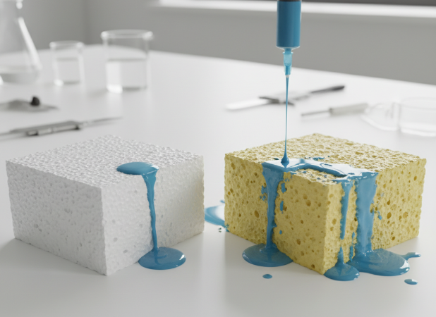 A white block of ROHACELL® foam and a yellow, porous polyurethane foam block are shown side-by-side, with blue liquid being absorbed differently into each, demonstrating a comparative study.