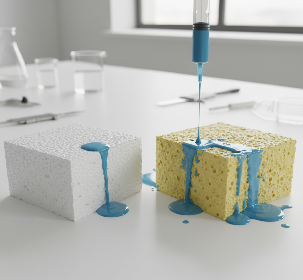A white block of ROHACELL® foam and a yellow, porous polyurethane foam block are shown side-by-side, with blue liquid being absorbed differently into each, demonstrating a comparative study.