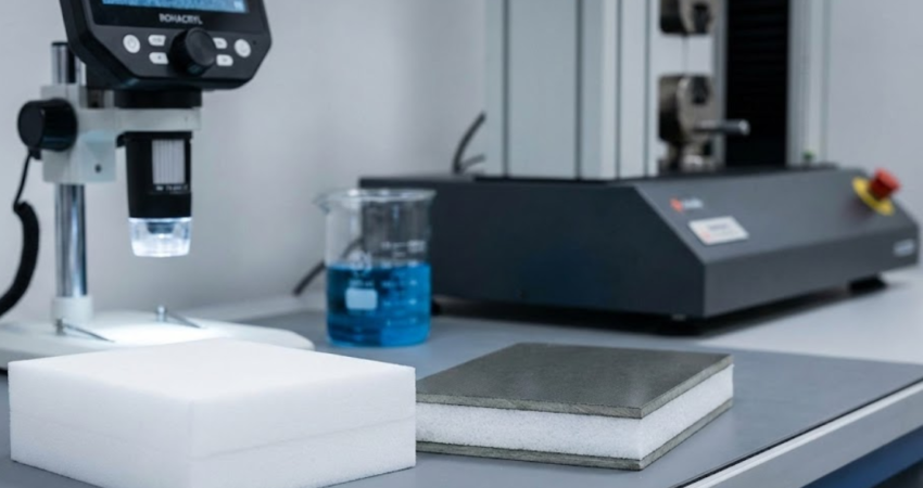 A laboratory setting featuring a microscope, chemical glassware, and samples of white foam and finished composite panels.