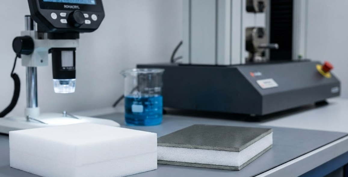 A laboratory setting featuring a microscope, chemical glassware, and samples of white foam and finished composite panels.
