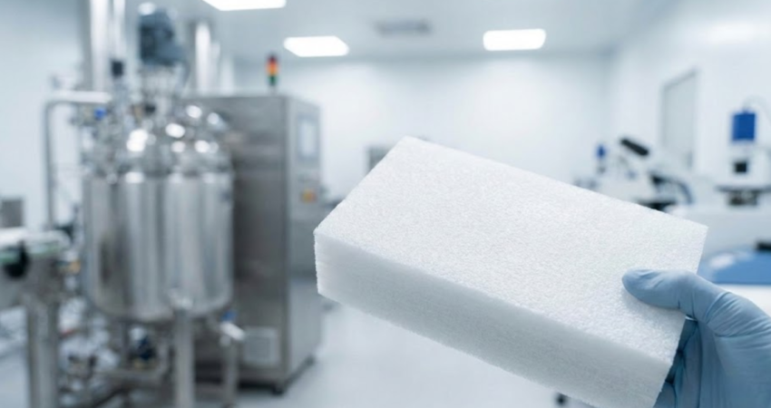 A gloved hand holding a block of white structural foam inside a clean industrial manufacturing facility.