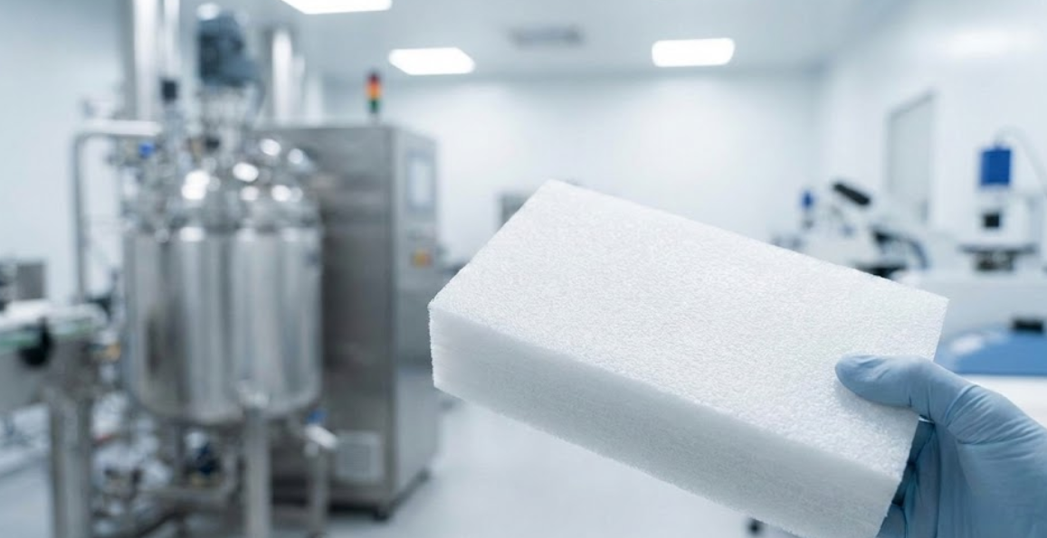 A gloved hand holding a block of white structural foam inside a clean industrial manufacturing facility.