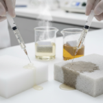 Two hands in gloves apply liquid with syringes to a white ROHACRYL® foam block and a grey PVC foam block, illustrating a performance analysis of liquid absorption and thermal resistance.