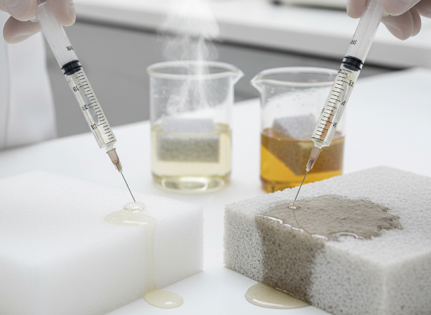Two hands in gloves apply liquid with syringes to a white ROHACRYL® foam block and a grey PVC foam block, illustrating a performance analysis of liquid absorption and thermal resistance.