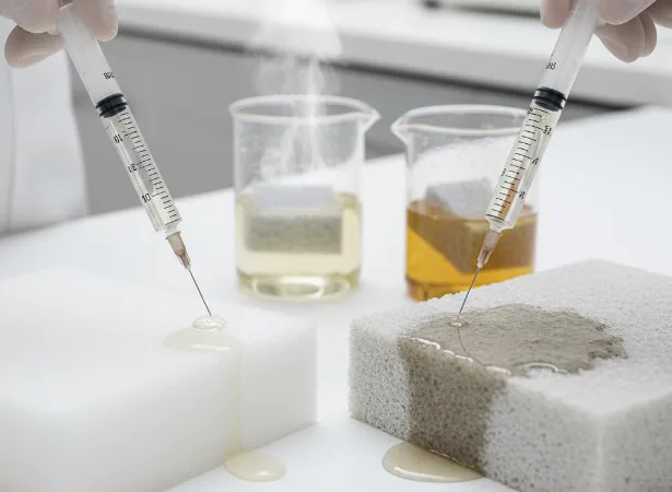 Two hands in gloves apply liquid with syringes to a white ROHACRYL® foam block and a grey PVC foam block, illustrating a performance analysis of liquid absorption and thermal resistance.