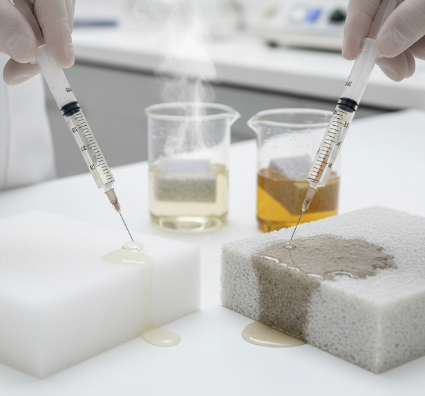 Two hands in gloves apply liquid with syringes to a white ROHACRYL® foam block and a grey PVC foam block, illustrating a performance analysis of liquid absorption and thermal resistance.