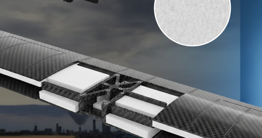 Cutaway view of a drone wing showing an internal foam core.