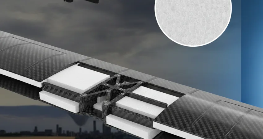 Cutaway view of a drone wing showing an internal foam core.