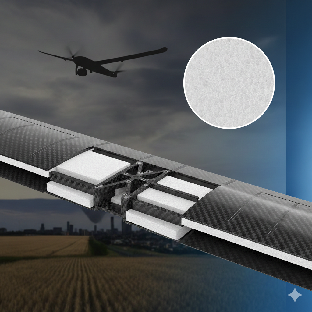 Cutaway view of a drone wing showing an internal foam core.