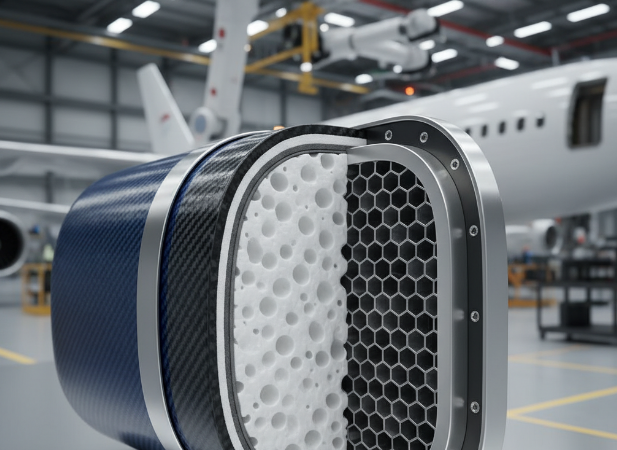 Cross-section of a composite foam core structure with an airplane in the background.
