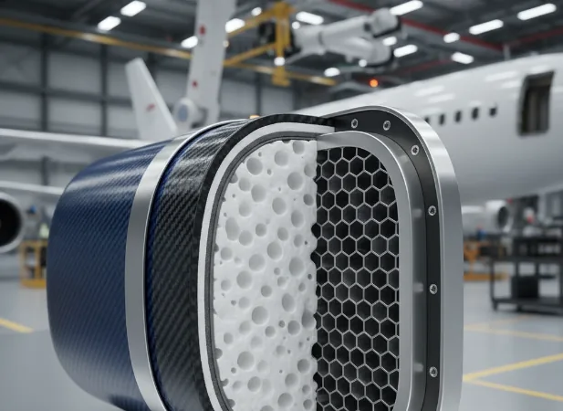 Cross-section of a composite foam core structure with an airplane in the background.