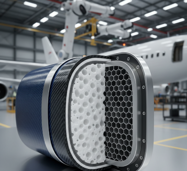 Cross-section of a composite foam core structure with an airplane in the background.