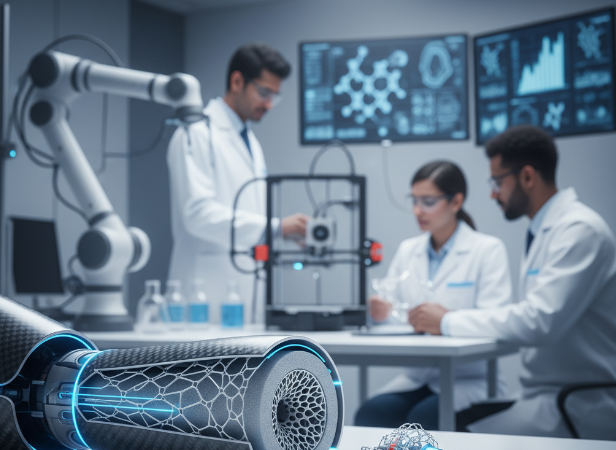 Composite medical device with glowing elements, in a lab with researchers and a 3D printer.
