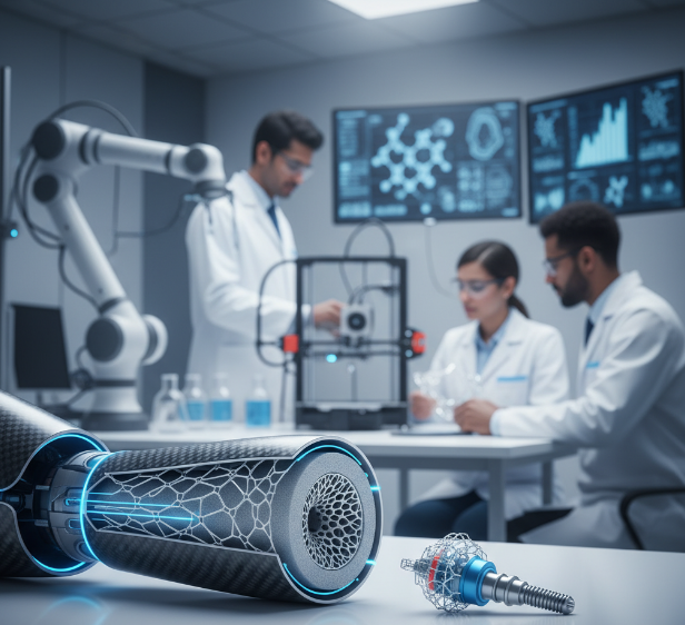 Composite medical device with glowing elements, in a lab with researchers and a 3D printer.