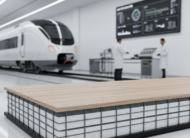 Cutaway of a rail panel showing foam core, with a train and scientists in a lab.
