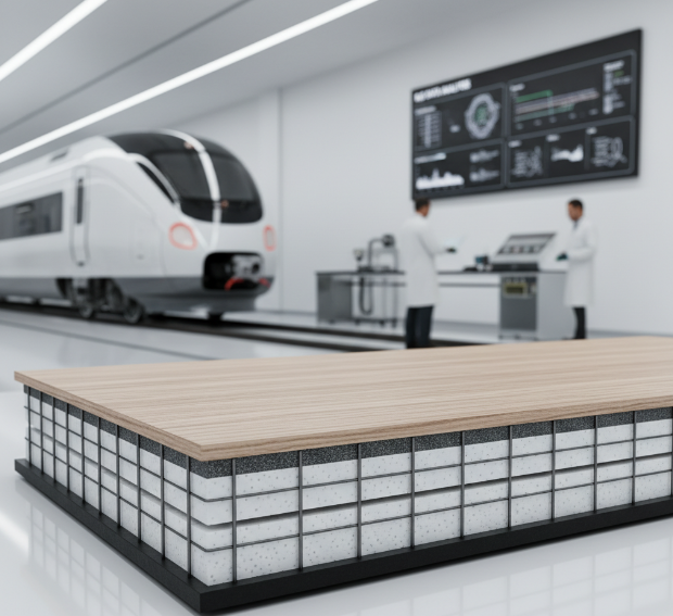Cutaway of a rail panel showing foam core, with a train and scientists in a lab.