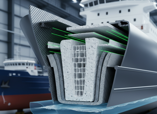 Detailed cross-section of a ship's hull made with composite foam, with ships in the background.