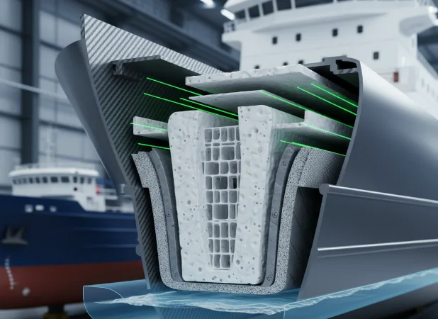 Detailed cross-section of a ship's hull made with composite foam, with ships in the background.