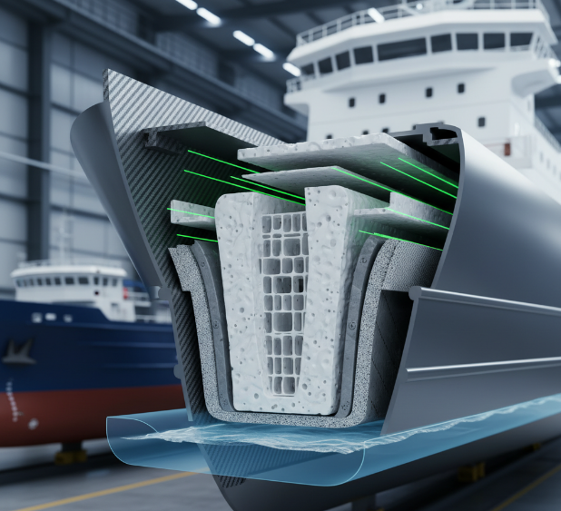 Detailed cross-section of a ship's hull made with composite foam, with ships in the background.
