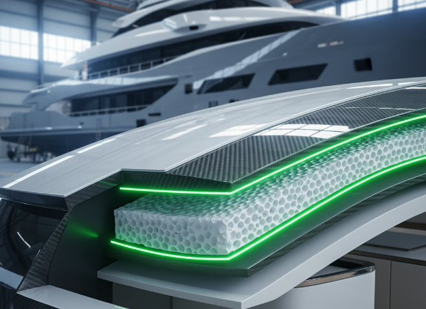 Cutaway view of a yacht's superstructure with composite foam, showing a luxury yacht.