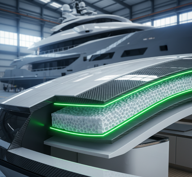 Cutaway view of a yacht's superstructure with composite foam, showing a luxury yacht.