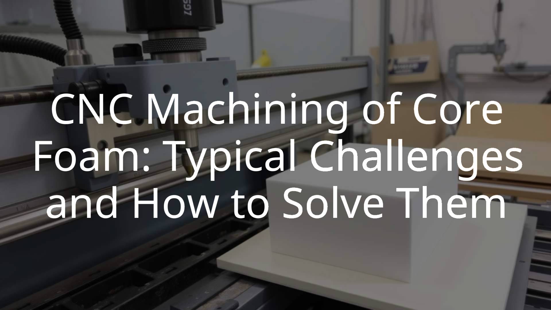 CNC machine milling a foam core block, industrial setting, precise tooling, clean cut surface, engineering workshop, realistic.